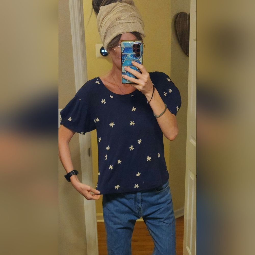 Anthropologie Puff Sleeve Star Print Short Sleeve Sweatshirt